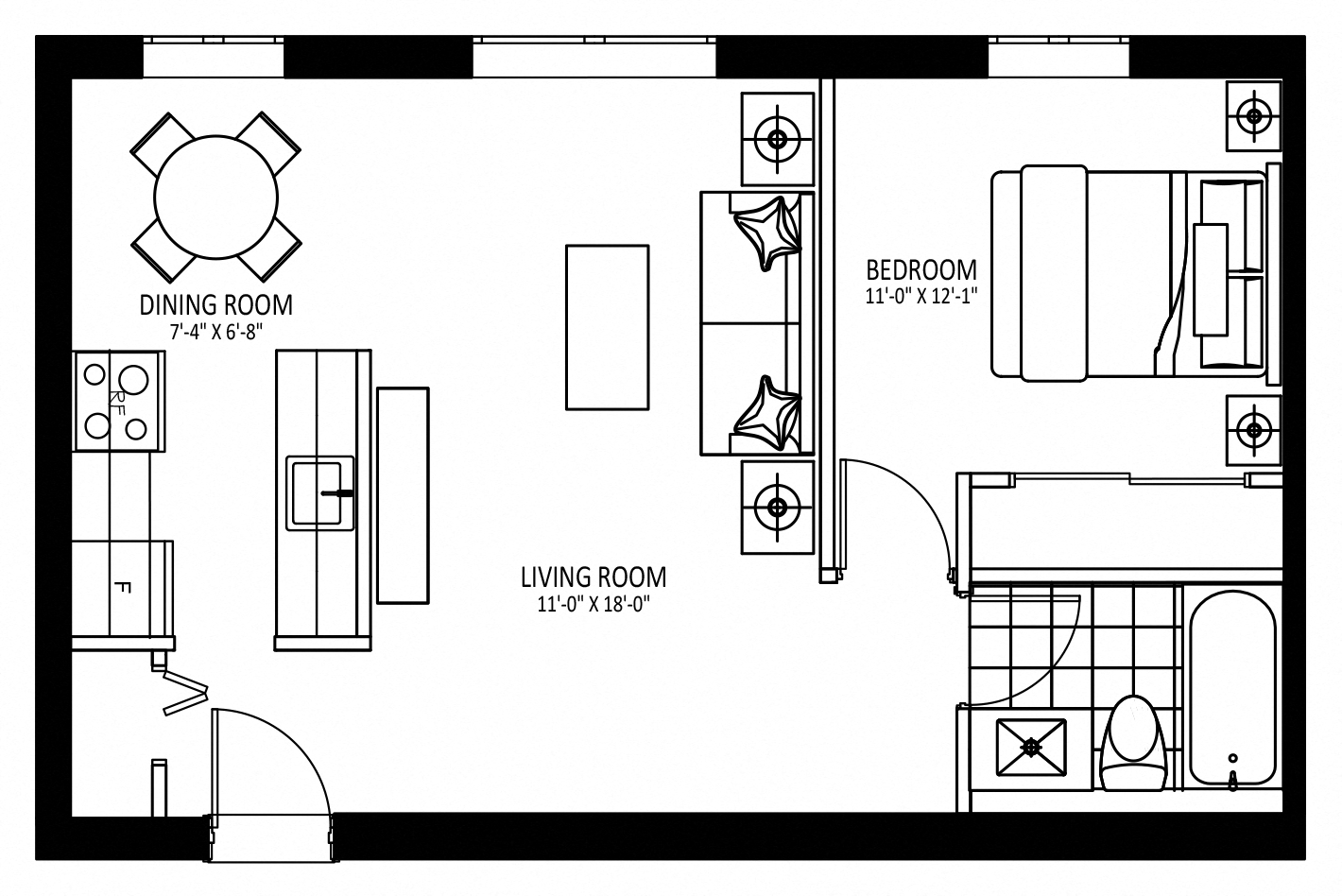 Floor plan for 1 bed, 1 bath, 610 sqft